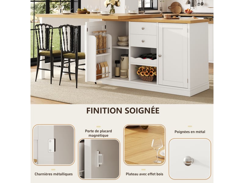  Îlot de cuisine extensible 120-197 cm avec table pivotante 360°, porte-bouteilles et rangements, blanc et noir  - Conforama D