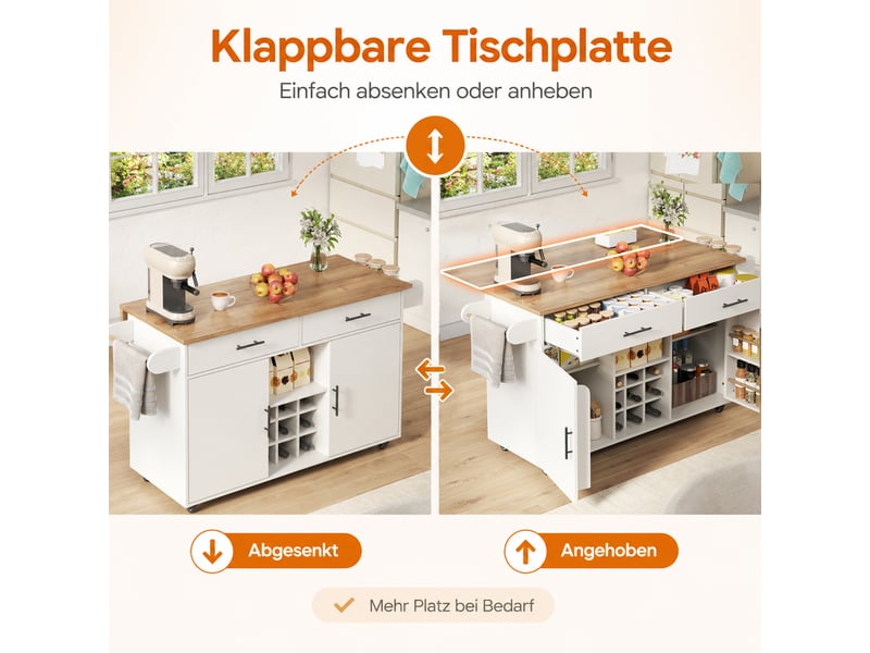  Îlot de cuisine sur roulettes avec plateau rabattable blanc et bois 120x45x84 cm W2845S00508 - Conforama D