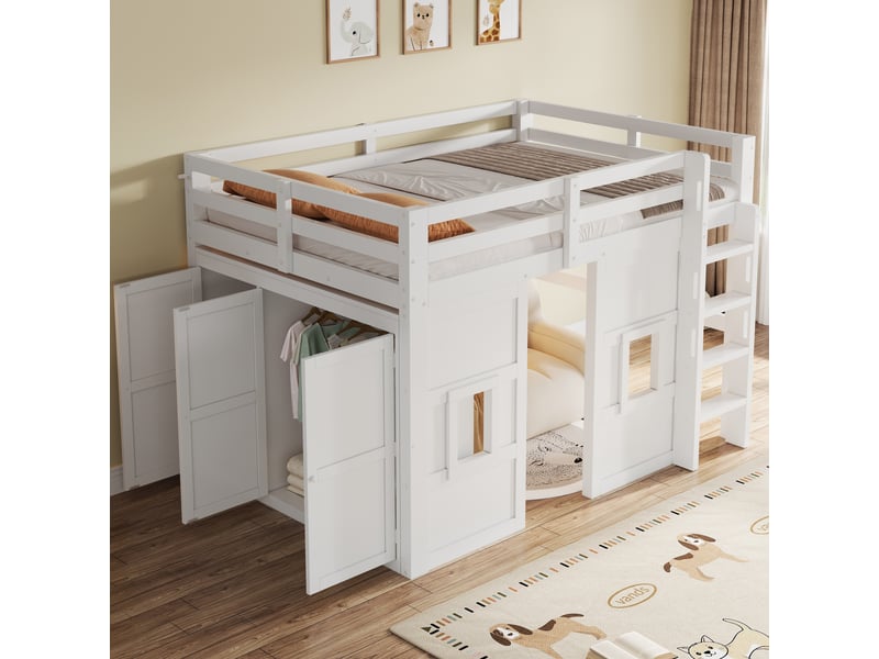  Lit mezzanine 140x200cm blanc, armoire réversible sous le lit, 2 fenêtres décoratives, escalier intégré, led multicolore et garde-corps, gain de place  - Conforama D