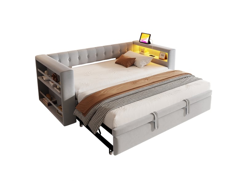Lit gigogne 90-180x190 cm, lit 2 en 1, tête de lit avec rangements, led, charge, flanelle, gris clair, sans matelas - Conforama A