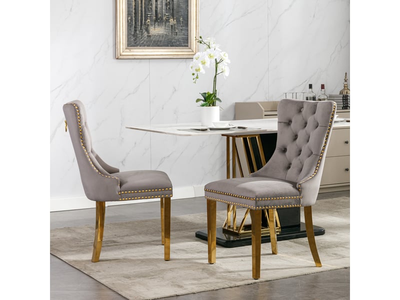  Lot de 2 chaises de salle à manger en velours gris pieds dorés capitonnées clous tapissier  - Conforama D