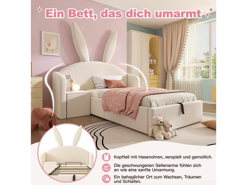  Lit coffre 90x190 cm, lit enfant, rangement hydraulique, table de chevet, motif lapin, velours beige  - Conforama W