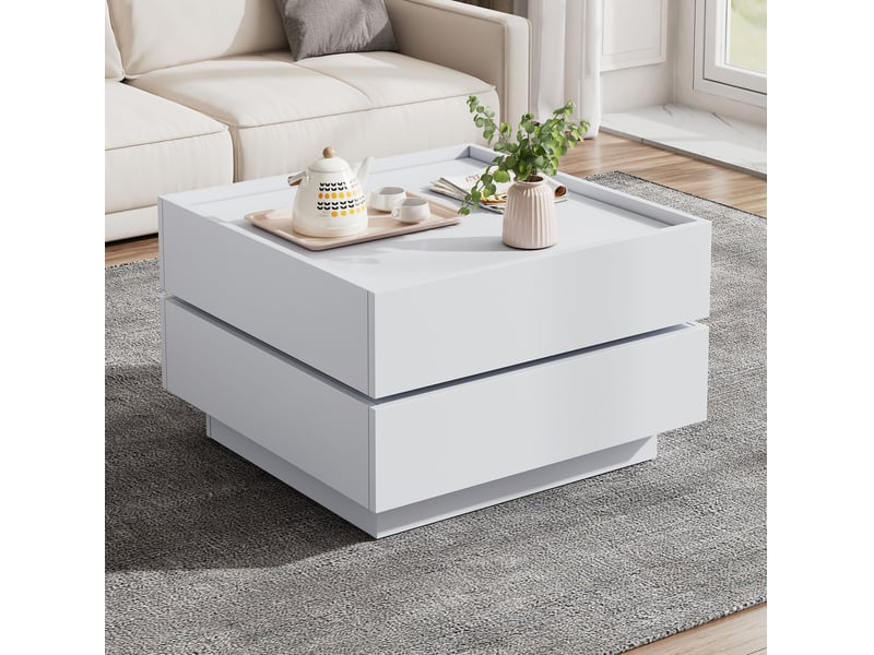  Table basse carrée pivotante à 360° avec 2 tiroirs, 60 x 60 x 38 cm, blanche  - Conforama D