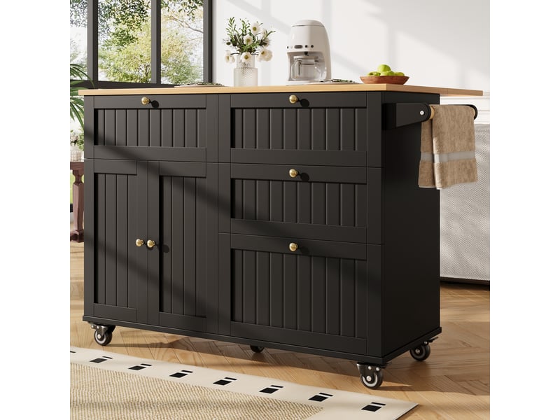  Îlot de cuisine noir extensible, meuble de rangement cuisine en mdf avec portes 3d et roulettes, 133x37.3x88cm  - Conforama R