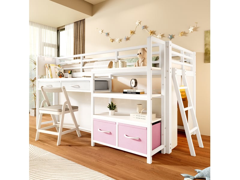  Lit mezzanine enfant 90x200 cm à structure en métal blanc avec bureau, rangements, led multicolore, sans matelas  - Conforama B