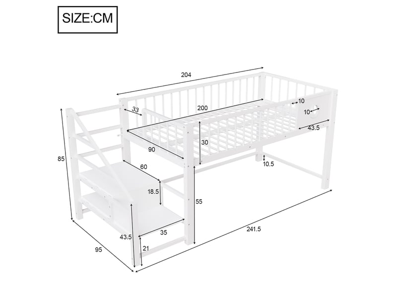 Lit mezzanine 90x200 cm avec échelle de rangement en mdf et métal blanc - Conforama E