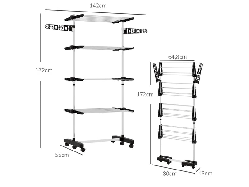 Étendoir à linge pliable 5 niveaux avec roulettes, 142 x 55 x 172 cm, noir evryae - Conforama D
