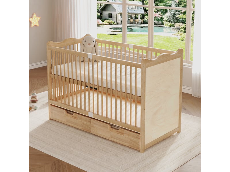  Lit bébé à barreaux 70x140 cm en pin massif naturel, sommier réglable 4 hauteurs, 2 tiroirs sur roulettes, bords arrondis, tête ondulée  - Conforama C