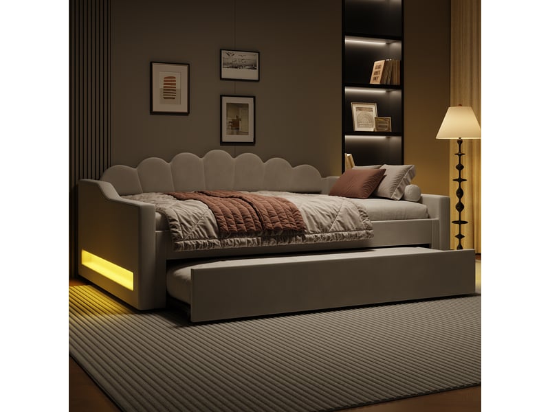  Lit banquette rembourré 140x200 cm avec led et lit gigogne, beige, cadre en bois robuste et confort moelleux  - Conforama E