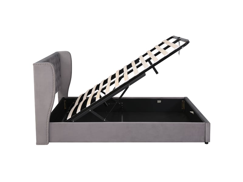  Lit double velours gris 140x200 cm - tête de lit à oreilles, coffre hydraulique et sommier inclus  - Conforama E