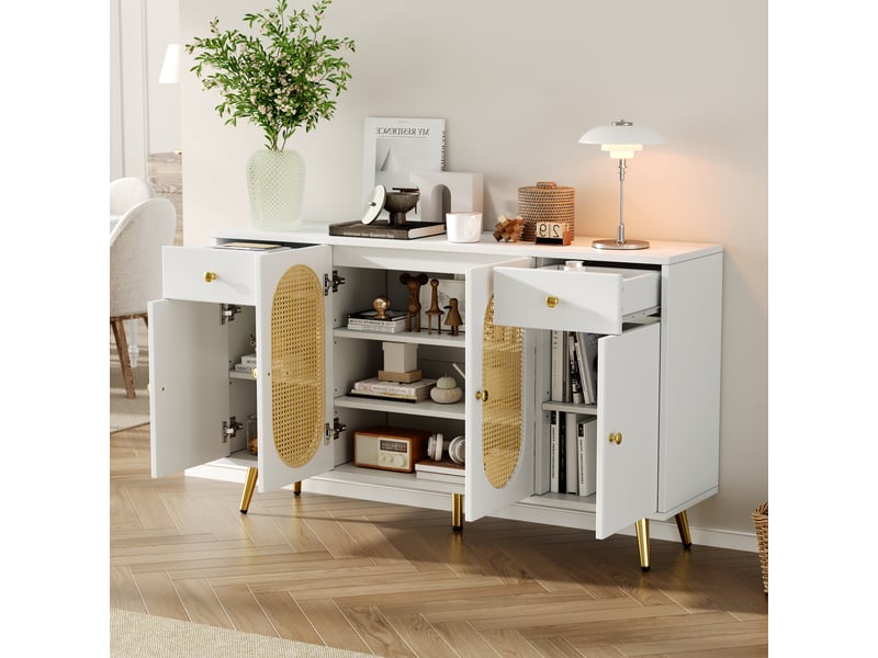  Buffet, bicolore blanc et naturel, panneau de particules, 140 × 35 × 82 cm, 4 portes, 2 tiroirs, étagères réglables, pieds métal  - Conforama E