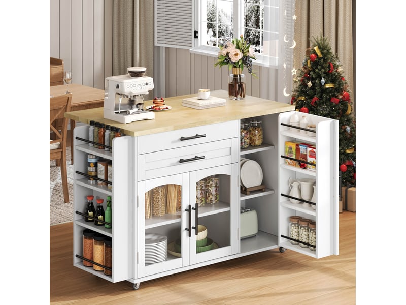 Desserte de cuisine extensible 120 x 4570 cm – blanc et naturel – 5 roues verrouillables, rangement modulable - Conforama B