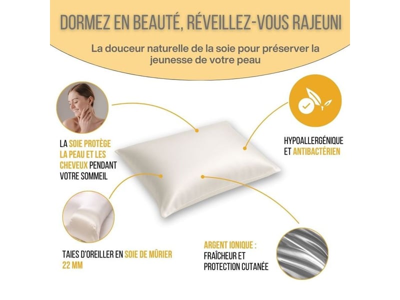  Taie d oreiller soie de mûrier 22 momme 60x40 cm ivoire silvadur 930 flex anti age  - Conforama B