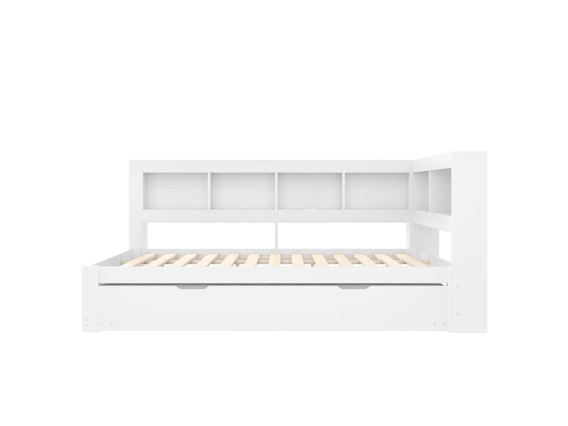  Lit banquette 140x200 avec lit gigogne et tiroirs - prises usb pin massif blanc  - Conforama R