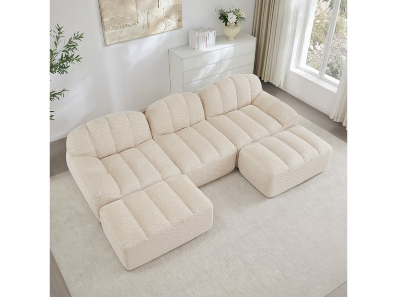 Canapé panoramique coquille 3 places, 2 poufs beigeblanc – 288 x 165 x 79 cm Fay Lum - Conforama D