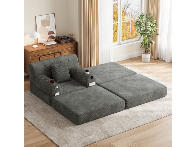  Fauteuil 1 place avec pouf en velours côtelé gris foncé, 107x162x81 cm  - Conforama R