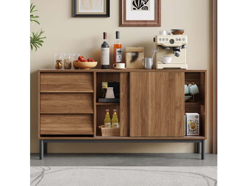 Buffet bas 150x40x80 cm avec 3 tiroirs, 2 portes coulissantes et dispositif anti-basculement, en mdf couleur naturel - Conforama B