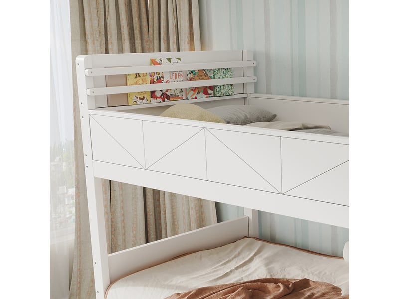  Lit superposé enfant 90x200cm en bois et mdf blanc, marches coffres, casiers, barrière haute et panneaux  - Conforama E