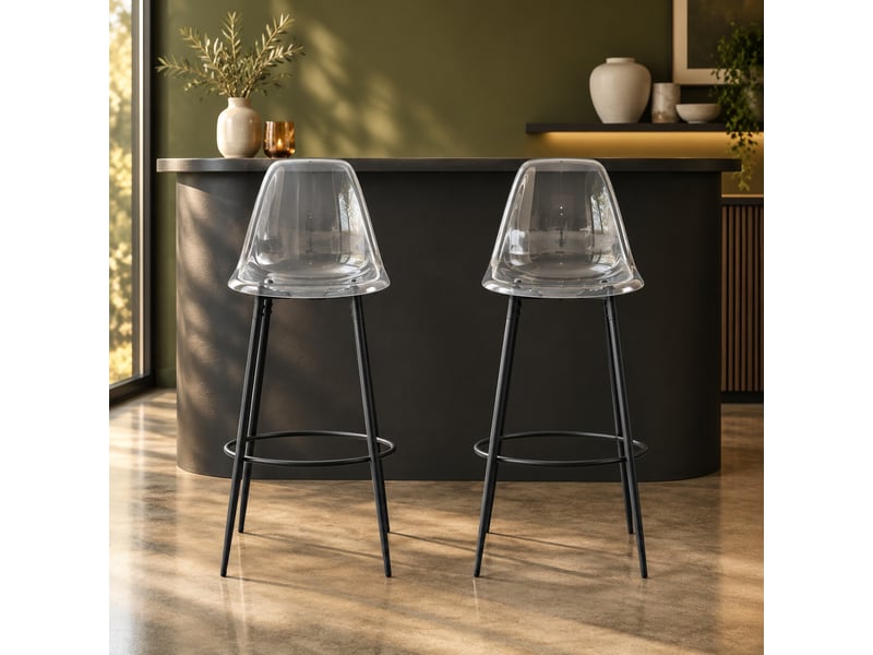  Lot de 2 tabourets de bar transparents 66 cm - lpospi - dossier ergonomique, pieds métal noir, plastique transparent  - Conforama C