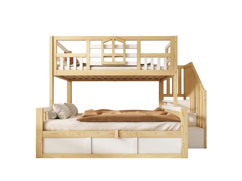  Lit superposé enfant 90+140x200 cm style chalet blanc et bois naturel avec fenêtre garde-corps échelle rangement coffre hydraulique sans matelas  - Conforama D