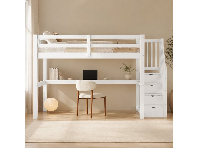  Lit mezzanine 2 places 140×200 cm avec bureau et rangement  - sans matelas, pin et mdf - blanc  - Conforama C