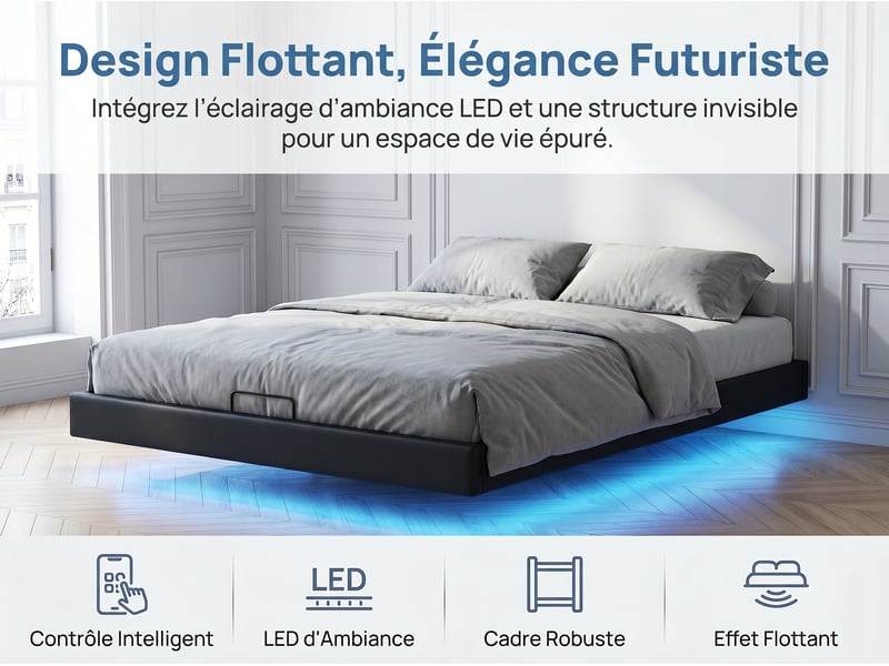 Lit coffre 160x200 cm - led intégrée - cadre de lit pu sans tête - rangement hydraulique - sommier à lattes - Conforama D