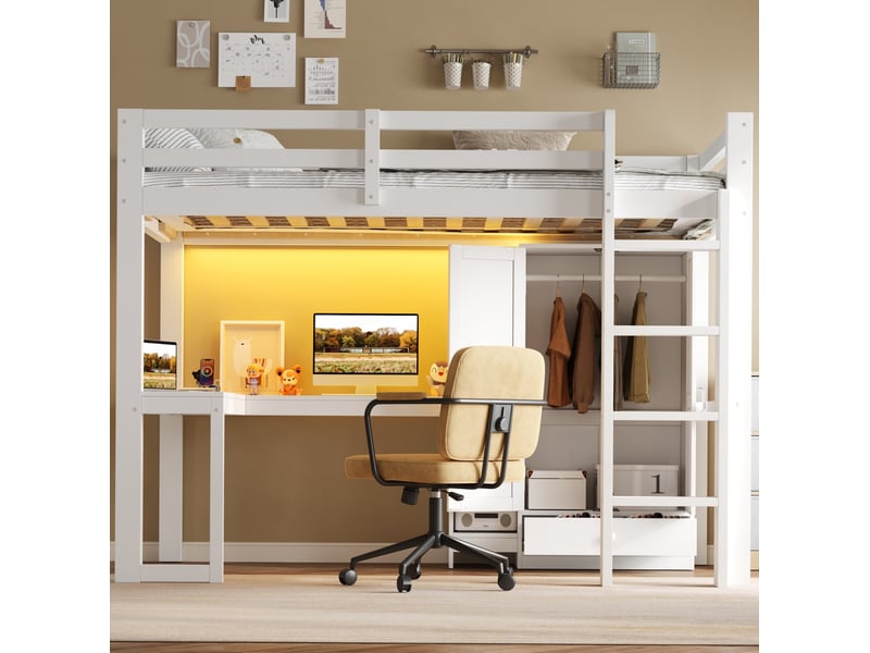  Lit mezzanine 90x200 cm blanc avec bureau, armoire, usb et éclairage led  - Conforama E