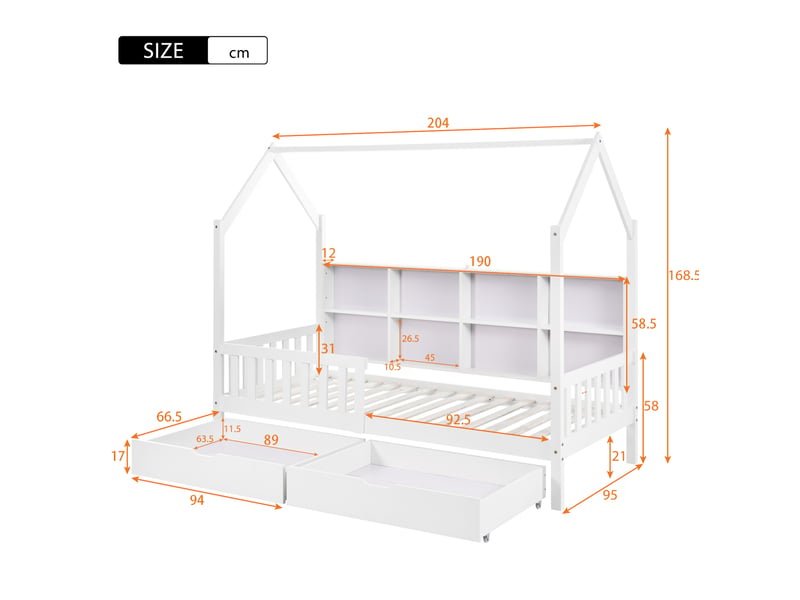  Lit enfant cabane 90 x 200 cm blanc en pin avec étagère et 2 tiroirs  - Conforama E