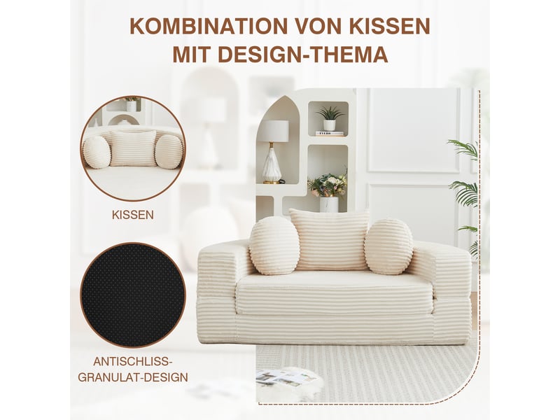 Canapé-lit 4 en 1 polyvalent pour petits espaces, utilisable comme canapé semi-rond ou lit de jour rond, deux coussins ronds et un coussin carré - Conforama D