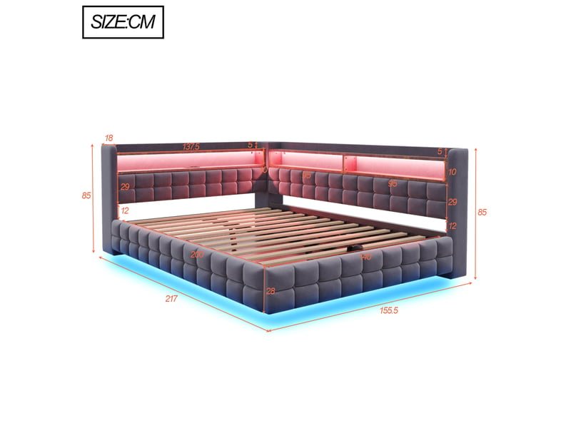  Lit coffre 140x200 cm 2 places avec tête de lit, rangement, led intégrée, prises usb et type-c, revêtement velours gris, sans matelas  - Conforama C