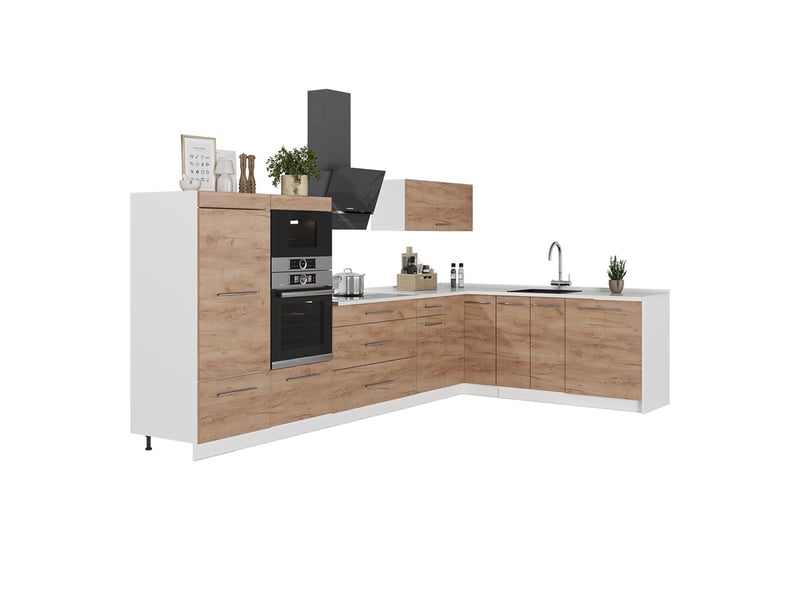 Vicco cuisine en angle, chêne de force doré, 347x51.6cm sans pt - Conforama E