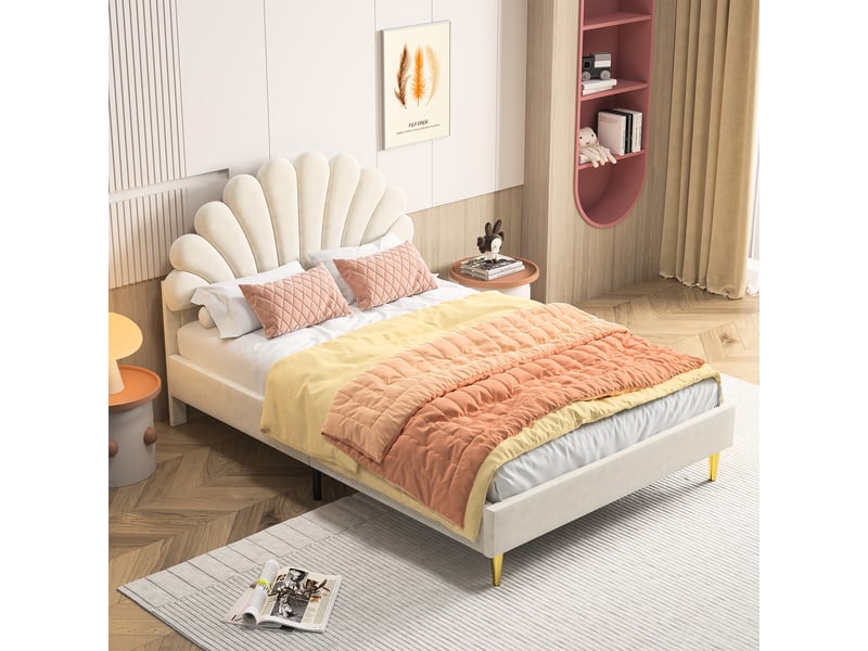  Lit enfant fille 140x200 cm lit princesse fille avec sommier à lattes pour enfants et adolescents, velours, ​​beige  - Conforama E