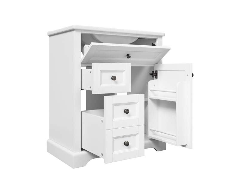  Meuble vasque de salle de bains blanc 76 cm avec lavabo en céramique, 3 tiroirs et rangement réglable  - Conforama A