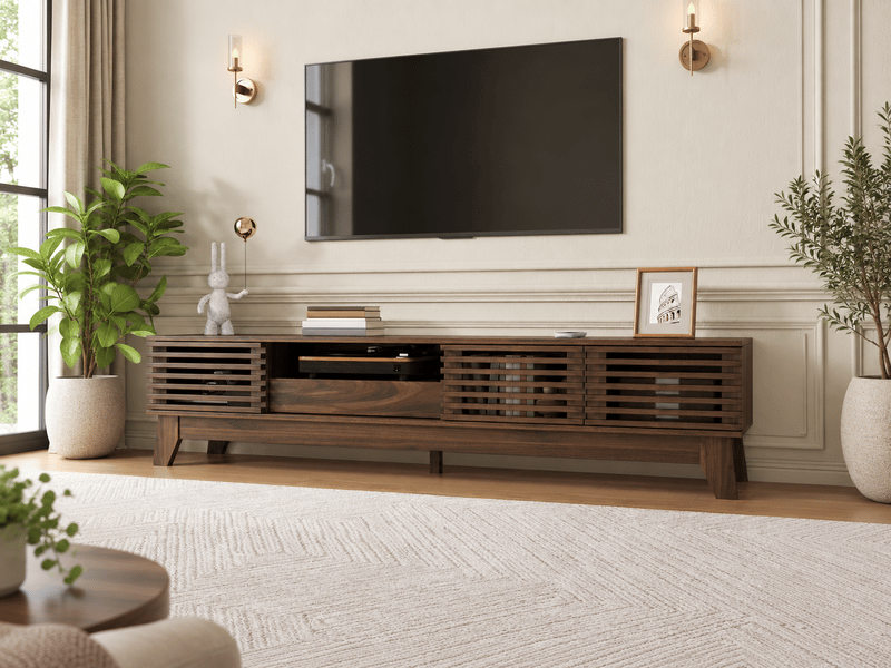  Meuble tv bas 170 cm, finition noyer, avec façades rainurées  - Conforama B