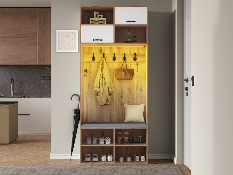  Ensemble armoire, ensemble complet d'armoire de couloir avec banc, 5 crochets, 2 portes et 6 espaces de rangement ouverts - couleur bois naturel et N657P33159394N - Conforama D