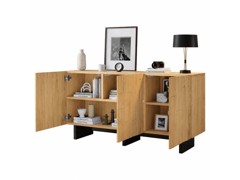 Buffet bas 3 portes 140 cm à motif gaufré, aspect bois naturel - Conforama A
