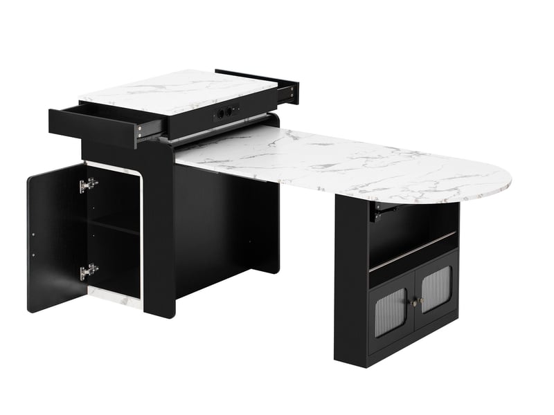  Îlot central cuisine extensible avec table, station de charge &amp; led - meuble de cuisine multifonctionnel en mdf et pb avec rangements  - Conforama A