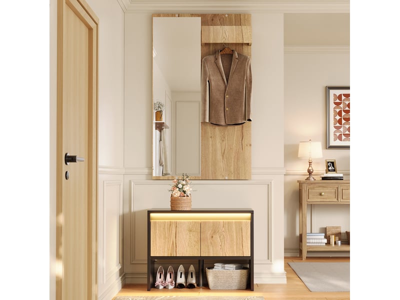  Meuble d'entrée avec miroir, porte-manteaux, banc à chaussures et 2 tiroirs en panneau de particules noir et naturel  - Conforama D