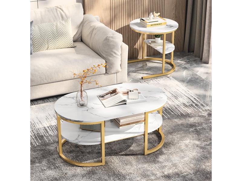  Table basse ronde gigogne 2 niveaux avec rangement, pour salon, plateau effet marbre en mdf, structure en métal doré  - Conforama B
