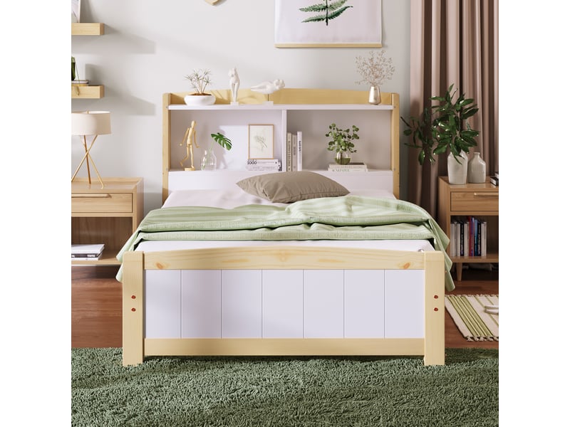  Lit enfant en bois massif 90x200cm avec matelas, cadre de lit avec sommier à lattes en pin, naturel et blanc, lit 1 personne  - Conforama D