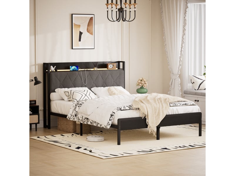  Lit double 140x190 avec tête de lit capitonnée led et station de charge usb - cadre métal noir gris  - Conforama D