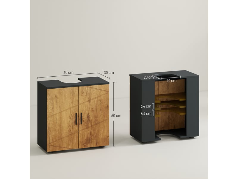  Meuble sous vasque 60 x 30 x 60 cm, 2 portes, étagère réglable, gris anthracite et aspect bois  - Conforama E