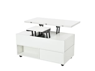 Table basse relevable 100x50 cm avec 4 tiroirs et roulettes blanc mat