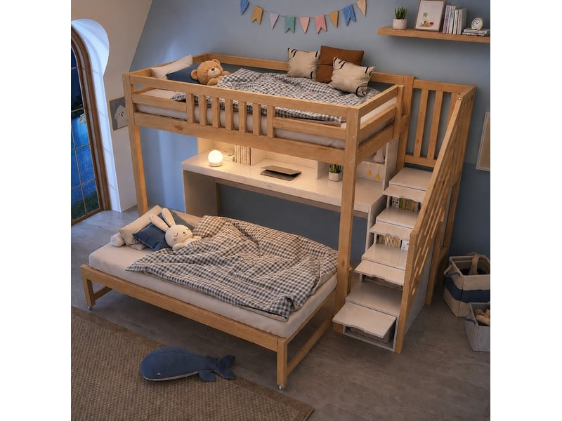  Lit superposé enfant 90x200 cm avec lit gigogne 90x190 cm et bureau, blanc et chêne  - Conforama E