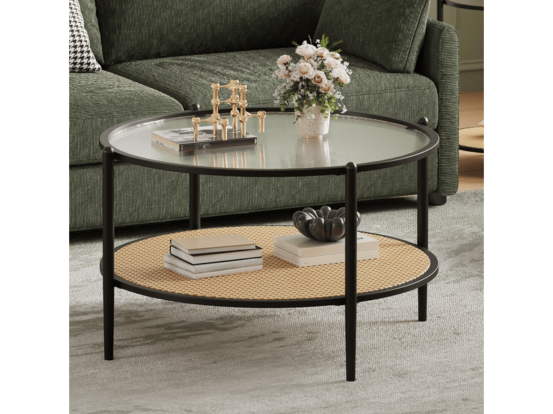  Table basse bohème moderne 2 niveaux rotin, plateau verre trempé ondulé, cadre métal robuste, étagère rangement salon bureau ,noir PHK_346THCPW - Conforama C