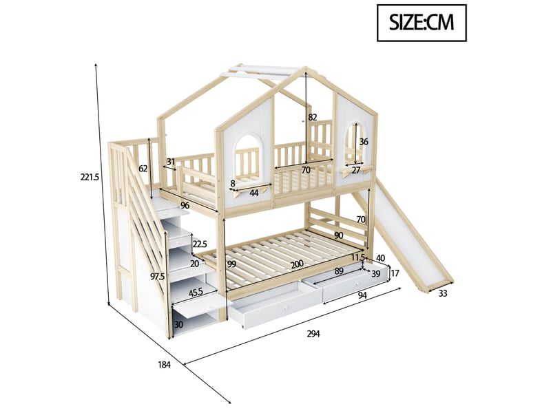  Lit superposé enfant 90x200 cm avec toboggan et rangements bois blanc et bois naturel sans matelas  - Conforama C