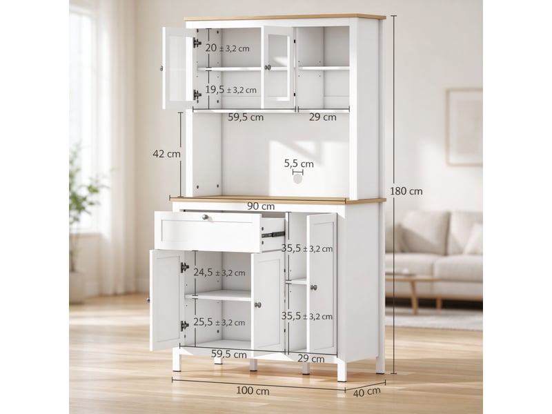  Meuble de cuisine muvano, buffet de cuisine haut blanc, 5 portes dont 2 vitrées, 100 × 40 × 180 cm  - Conforama W