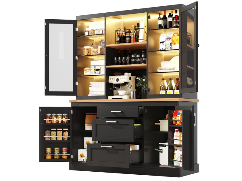 Meuble buffet rangement cuisine 140x40x185 mdf noir led tiroirs verre métal app homvra - Conforama A