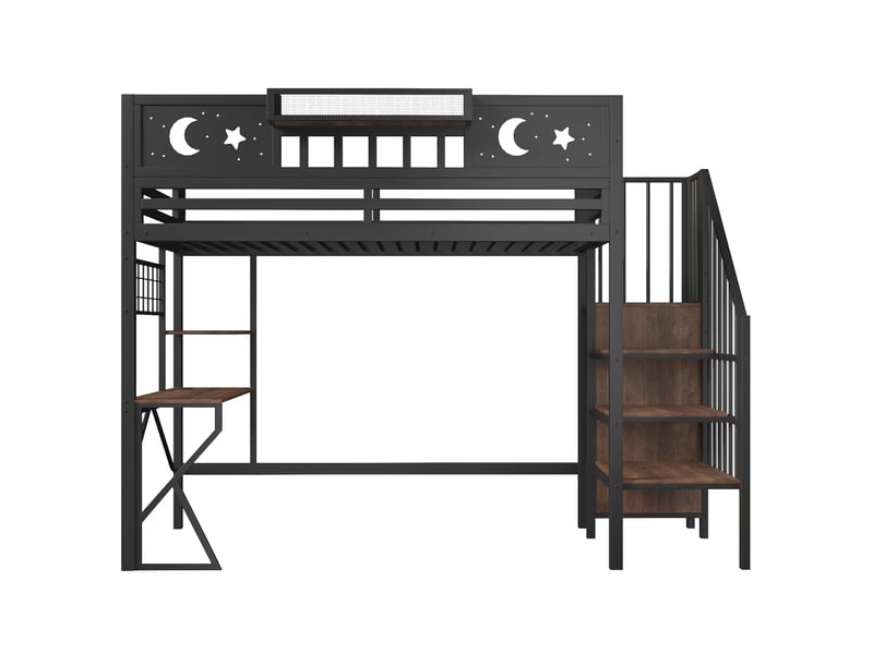  Lit mezzanine enfant 1 place 90 × 200 cm avec bureau, usb, led multicolore et étagères, sans matelas, noir  - Conforama E