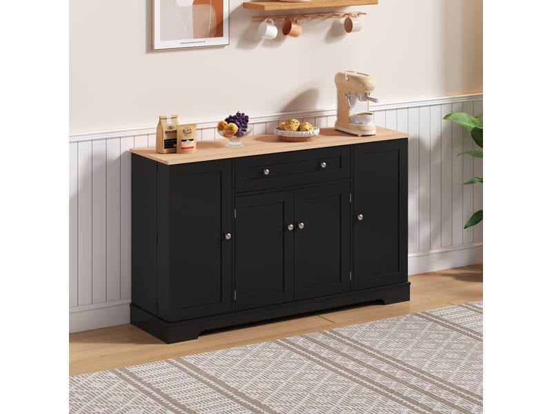  Buffet large 138 cm - meuble bas noir avec grand tiroir central et portes latérales, idéal salon et cuisine moderne  - Conforama R